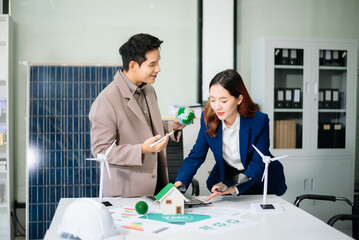 Engineer Team Meeting of Sustainable Energy Project, solar panel project, power innovation on a solar and wind energy project
