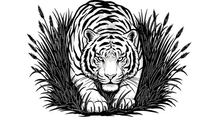 Obraz premium Majestic White Tiger Stalking in Tall Grass Wildlife Image