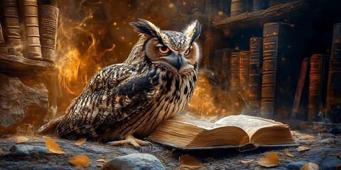 Obraz premium Owl perched on ancient book in mystical library