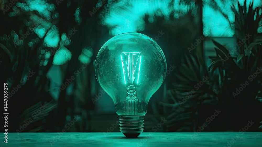Poster a glowing lightbulb with illuminated filament on a surface