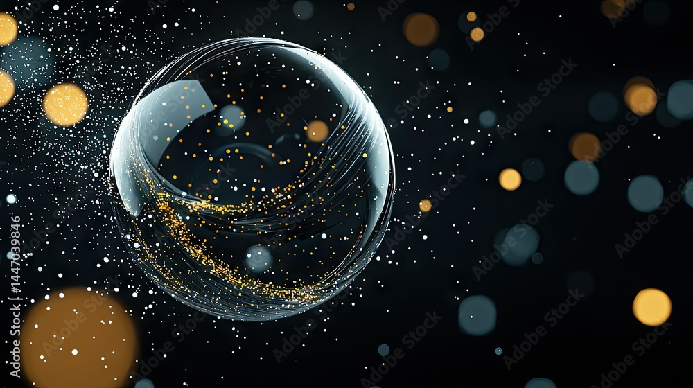 Poster a transparent sphere with swirling particles in deep space
