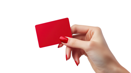A hand holding a red card, a blank sign for advertisement, isolated on transparent background. PNG