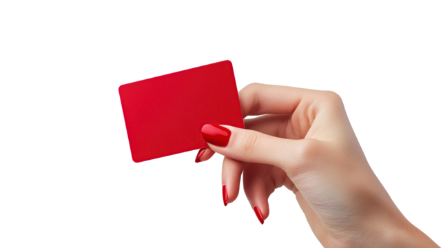 A hand holding a red card, a blank sign for advertisement, isolated on transparent background. PNG