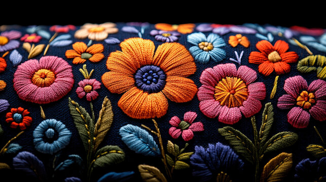 Vibrant floral embroidery on dark fabric