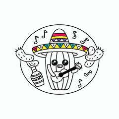 Cinco de Mayo Cartoon Cactus – Sugar Skull, Sombrero & Fiesta Elements in Vibrant Vector Style.