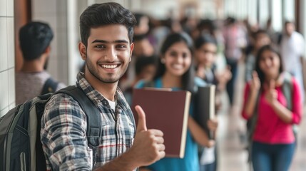 Smiling student giving thumbs up amidst a diverse group of peers in hallway