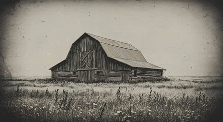 Rustic Wooden Barn in Serene Field Landscape Photography