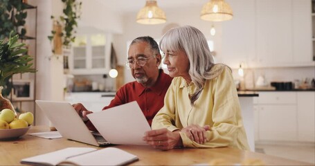 Budget, senior couple and laptop with paperwork in home for account management, financial review and planning. Interracial people, finance or discussion for retirement fund, pension savings or assets
