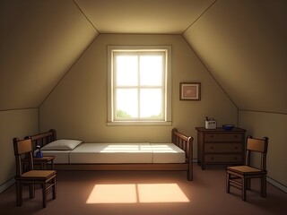 Attic room with bed, window light, wooden chairs and dresser in cozy minimalist style.
