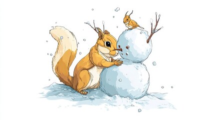 Naklejka premium Squirrel Building Snowman with Bird