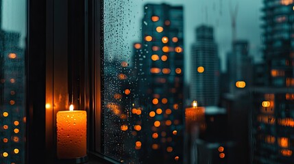 A lit candle sits inside near a rainy city view