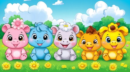 Naklejka premium Delightful animated critters parade bringing playful charm and joyful escapades in children's fantasy land captivating young hearts and minds imagination adventure