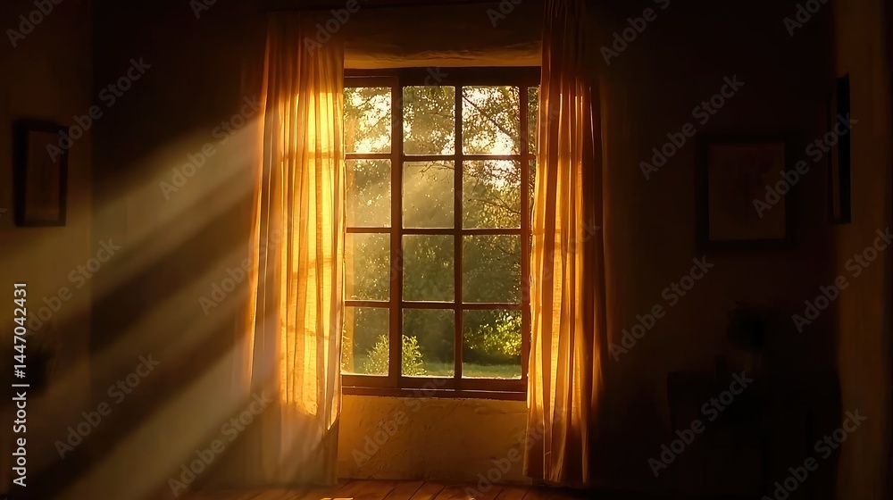 Poster warm sunlight streams through an open window with light curtains
