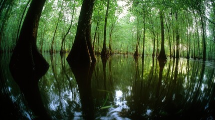 Obraz premium Reflective water and trees create a serene natural wetlands scene