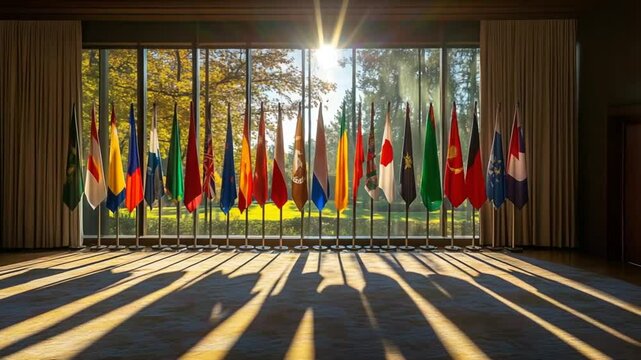 International flags create long shadows on carpet at United Nations building, Geneva