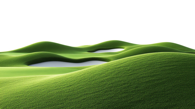 Beautiful green hills landscape with lake on transparent background. PNG