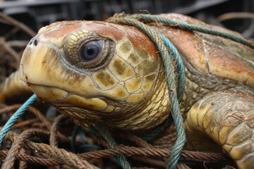 Naklejka premium Injured turtle entangled in discarded fishing rope showing struggle with ocean pollution and ecological impact.