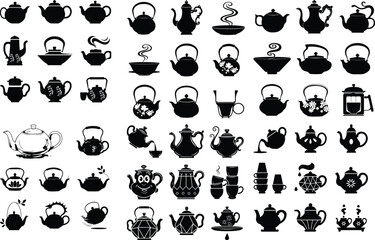 Classic Teapot Silhouette Set | Vintage Tea Vector Icons Elegant Teapot Silhouettes | Black Tea Pot Outline Collection