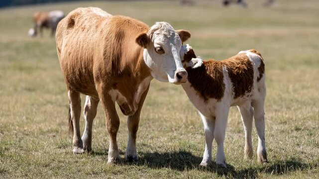 A heartwarming image of a mother cow lovingly nuzzling her calf in a lush green pasture, showcasing the tender bond between parent and child in a natural setting.