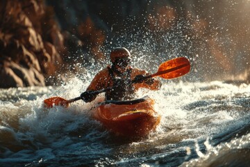 Dynamic Kayaker Navigating Whitewater Rapids with Paddle Power and Forceful River Currents