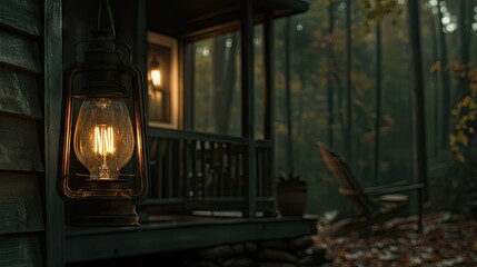 A beautiful antique lantern illuminating a cabin porch setting