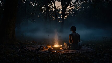 Obraz premium A person sits near a fire in a misty forest at dusk