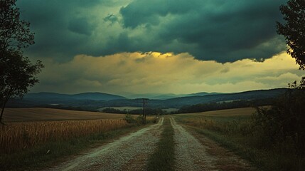A scenic dirt road through a rural landscape under a dramatic sky.