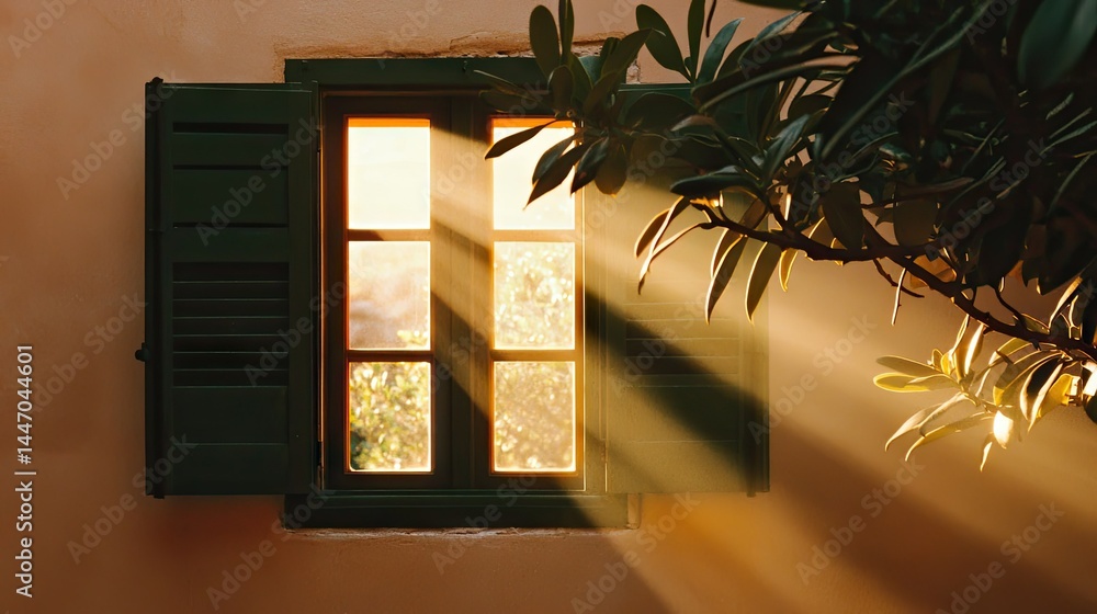 Poster sunlight streams through an open window and green shutters