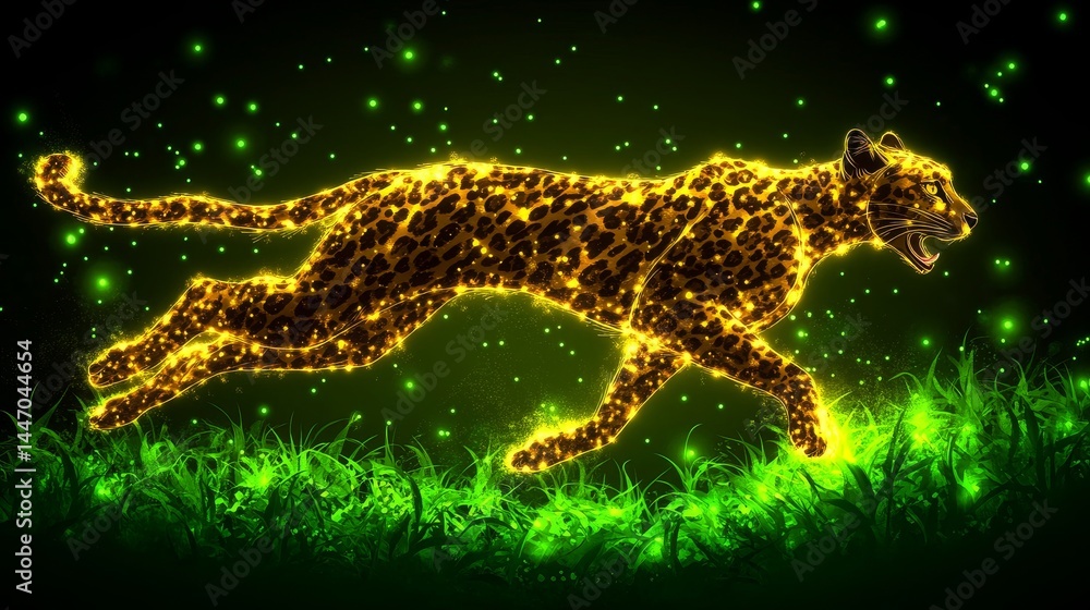 Poster digital luminescence cheetah sprinting through emerald fields a vibrant futuristic depiction of wild