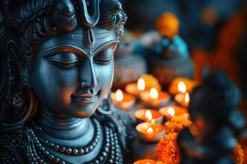 Dark, serene Hindu deity statue, illuminated by warm, flickering lights.  Close-up focus on the face and neck adorned with beads.  Surrounding objects suggest a devotional setting