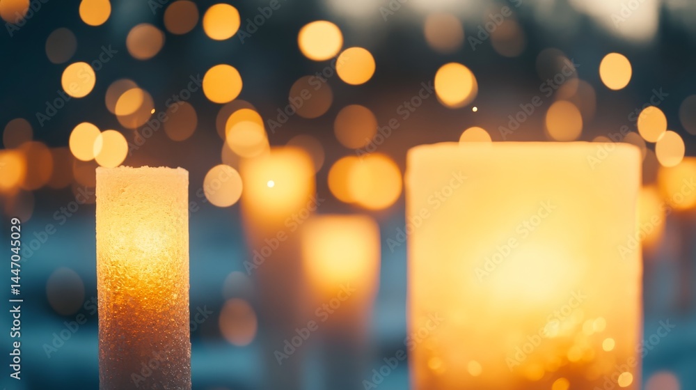 Poster close-up view of glowing ice-like pillars nestled in soft snow, with delicate twinkling lights refle