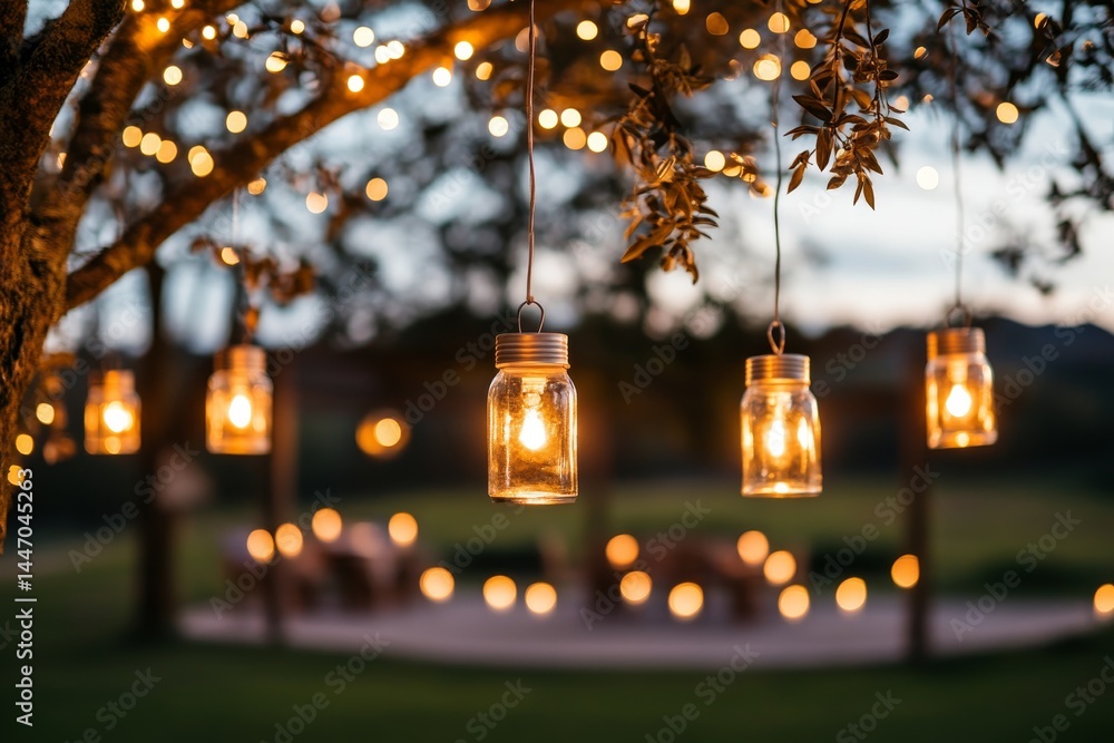 Poster lanterns filled with warm light dangle from tree branches, creating a cozy atmosphere for an evening