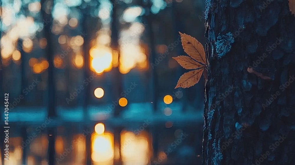 Aufkleber a single leaf resting against a tree trunk in the forest