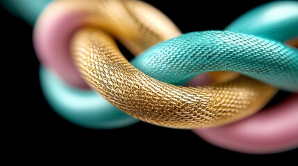Intertwined Gold Teal and Pink Textured Cords Knot Close Up