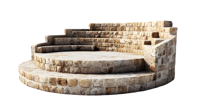 Roman amphitheater seating section with stone steps, isolated on Transparent background.