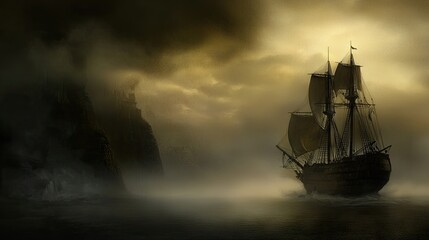 Obraz premium A sailing ship voyages through fog near a rocky cliffside