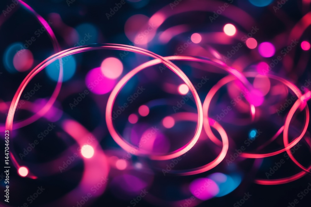 Poster Close-up view of colorful neon lights swirling in dynamic shapes, casting a lively atmosphere. Blurred edges enhance the sense of motion and energy on a dark background