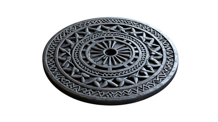 A  a specific British cast iron manhole cover with intricate pattern, isolated on Transparent background.