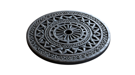 A  a specific British cast iron manhole cover with intricate pattern, isolated on Transparent background.