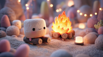 Cute marshmallow by a campfire, surrounded by warm lights and cozy details.  Fluffy marshmallow sits by a crackling fire, lit by warm glows