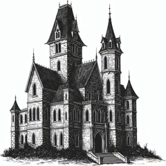 Obraz premium Castle sketch isolated on white background, Sketch engraving, vector illustration, Scratch board imitation, Black and white image.
