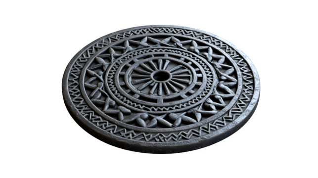 A  a specific British cast iron manhole cover with intricate pattern, isolated on Transparent background.