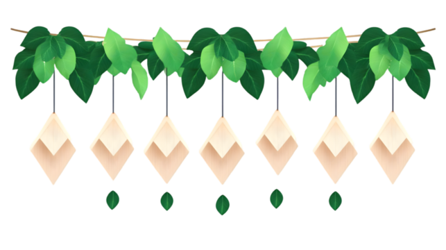 Hanging Beige Tea Bags With Green Leaves Illustration Background