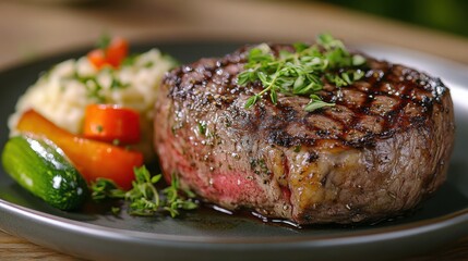 Juicy grilled steak served with colorful vegetables and creamy risotto
