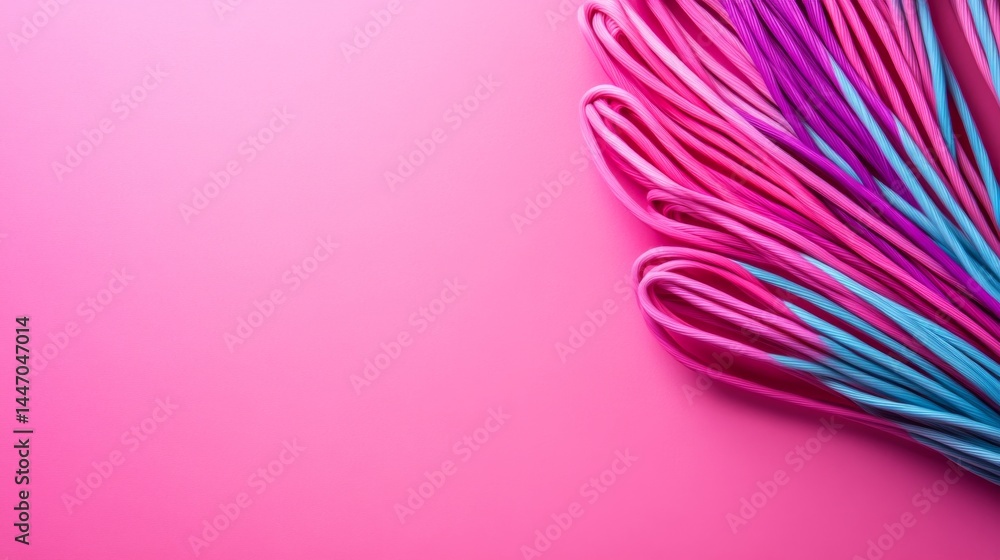 Poster Twisted cords in bright hues create a dynamic composition on a soft pastel background, showcasing artistic arrangement with room for additional text or graphics