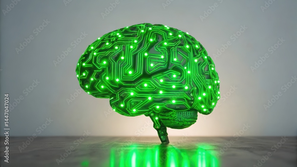 Poster futuristic glowing robotic brain with circuit patterns representing artificial ligence and technolog