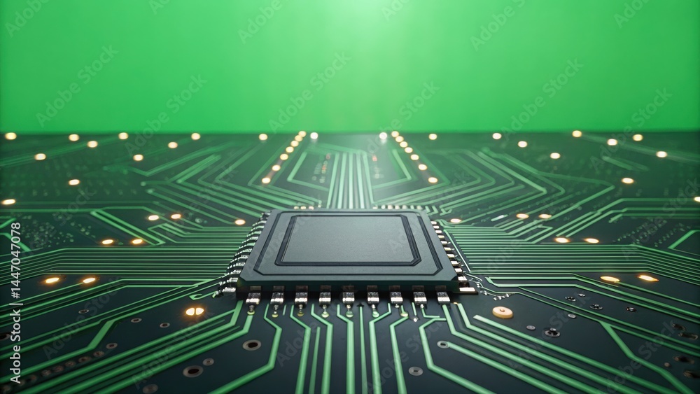 Poster close-up of a modern high-performance computer processor chip mounted on a printed circuit board wit