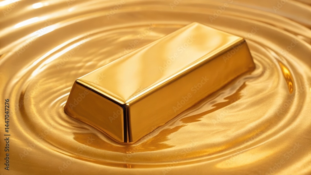 Poster close-up of a shiny gold bar floating on a liquid surface creating ripples and reflections, emphasiz