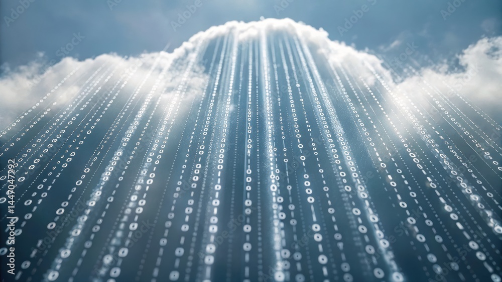 Poster digital rain streaming from cloud with sunlight rays breaking through, representing cloud computing 