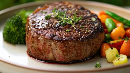 Juicy grilled steak served with vibrant vegetables on rustic plate
